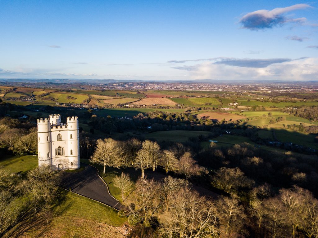 An aerial view of Haldon forest in Devon, UK
