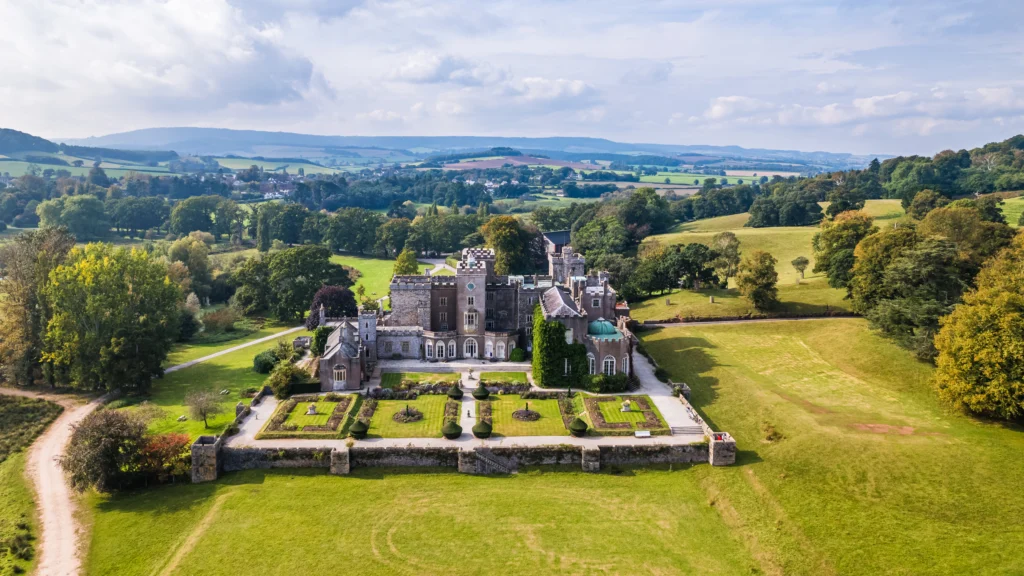 Powderham Castle and Powderham Park from a drone, Powderham, Exe