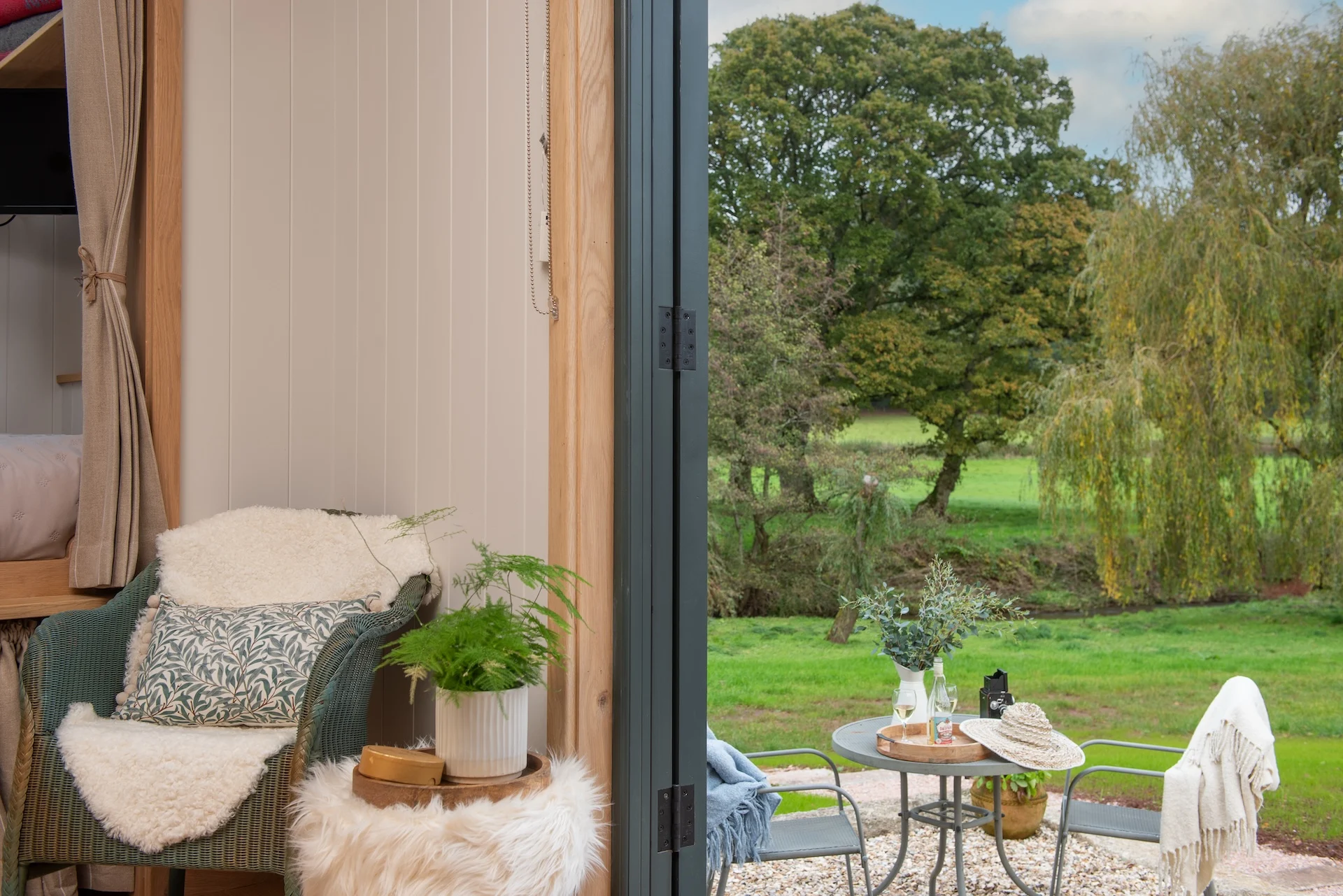 DHH_Willow_18 Willow Shepherds hut | Couples hot tub getaway in Devon by the river Kenn