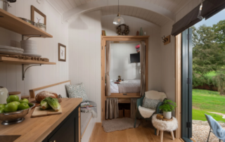 DHH_Willow_9 Willow shepherds hut | Countryside couples break near Exeter. Enjoy river views and Alfresco dinning.
